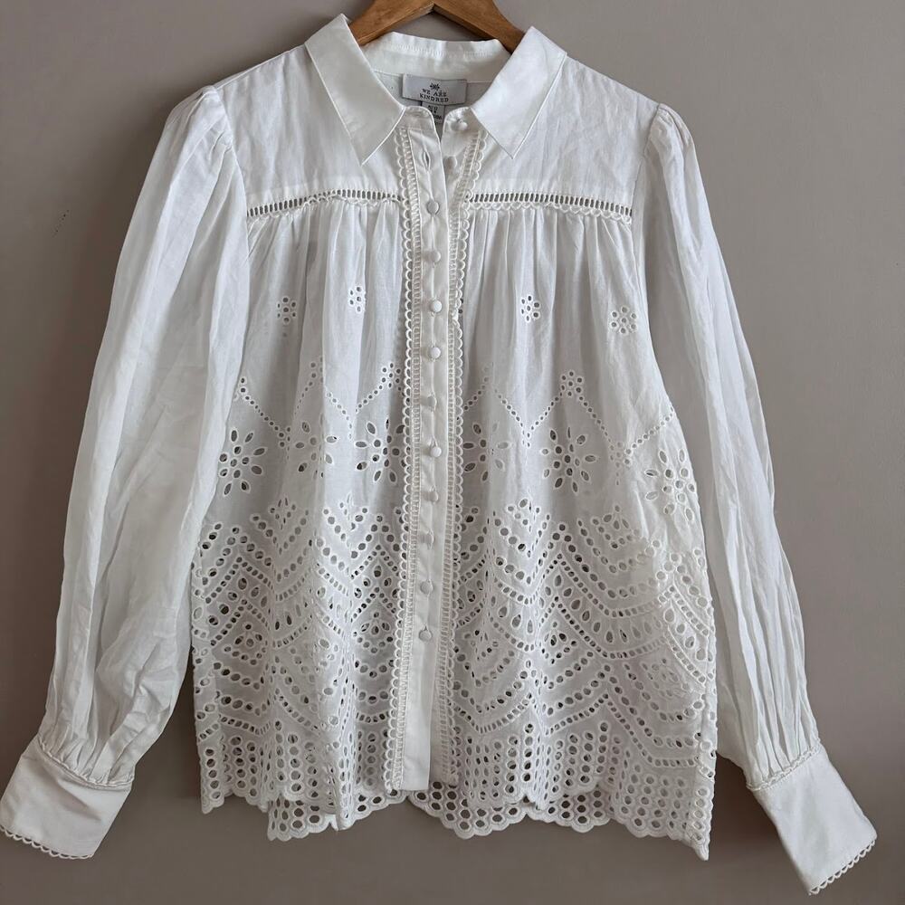 We Are Kindred White Eyelet Button Front Long Sleeve Blouse Size 8 NEW - Picture 8 of 8